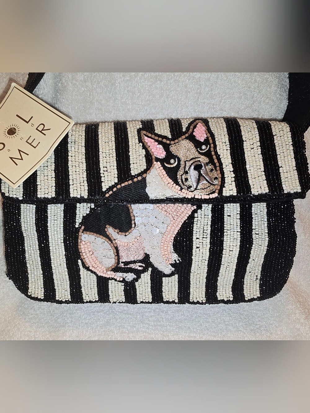 TJ Maxx Sol and Mer Viral Beaded Frenchie Dog Stripe Shoulder Bag Purse NWT